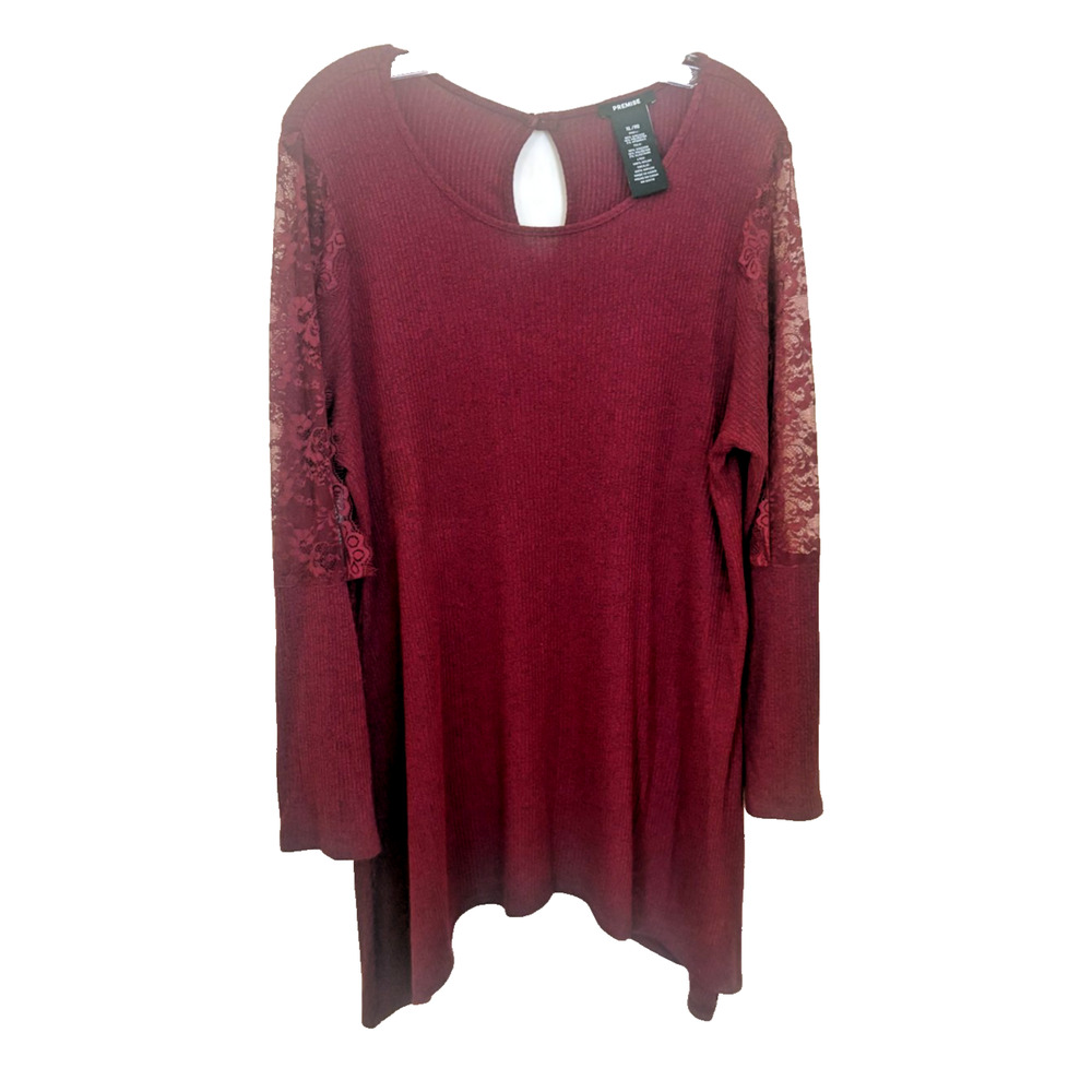 New Premise Large Ribbed Knit Lace Long Sleeve Tunic Top Women's Size XL